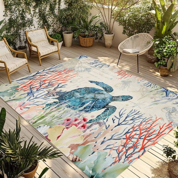 Coastal Turtle Outdoor Rug for Patio/Deck/Porch, Non-Slip Large Area Rug 5 x 7 Ft, Farmhouse Nautical Coral Jellyfish Starfish Indoor Outdoor Rugs Washable Area Rugs, Camping Rug Carpet Runner