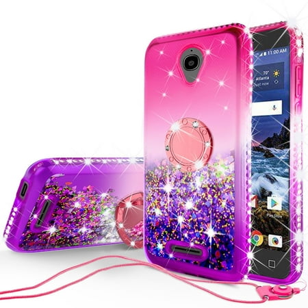 SOGA Rhinestone Liquid Quicksand Cover Cute Girl Phone Case Compatible for Alcatel IdealXTRA, Alcatel 1X Evolve(2018), Alcatel TCL LX Case,with Embedded Ring for Magnetic Car Mounts and Lanyard Pink