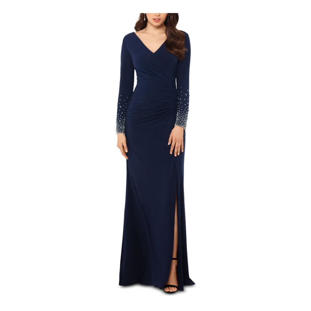 XSCAPE Womens Navy Slitted Long Sleeve V Neck FullLength Formal Sheath