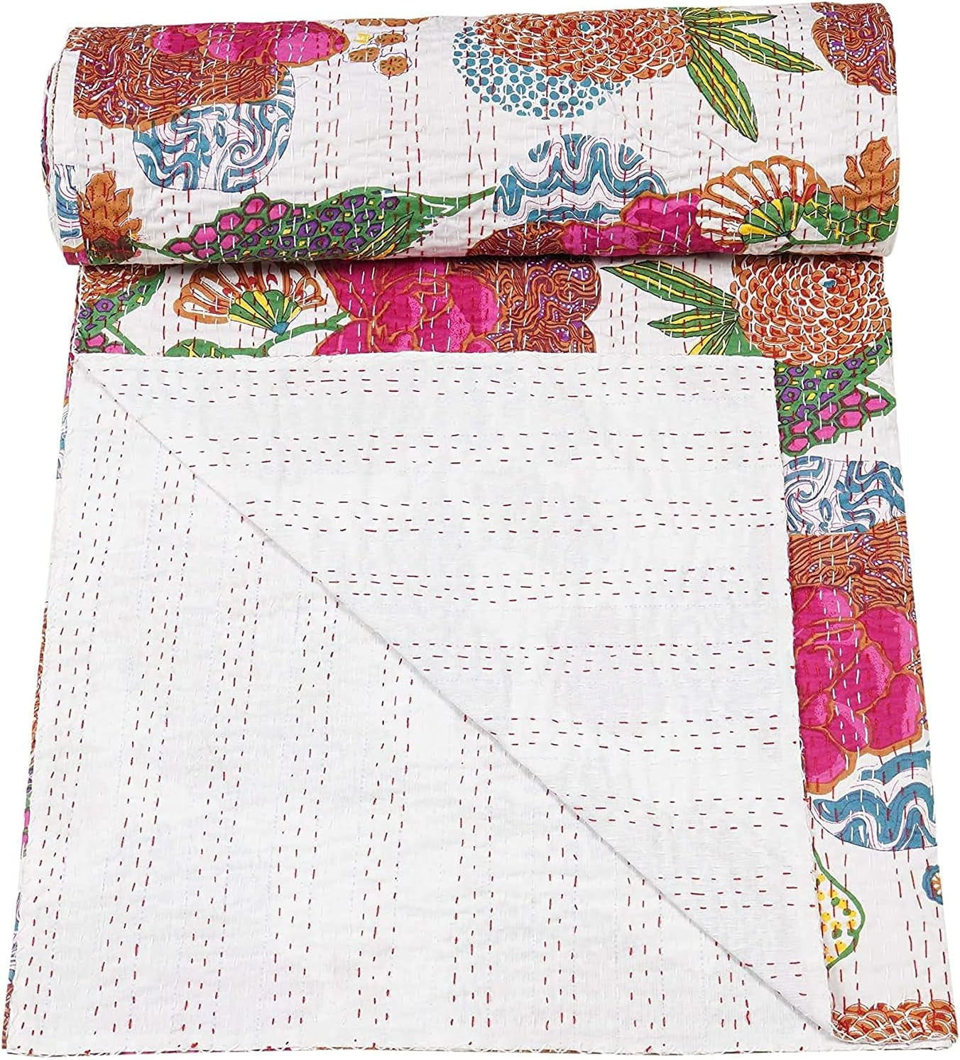 Indian Handmade Floral Print Kantha Quilt, Bedspread , Blanket Size ( Double 90" x 108" )