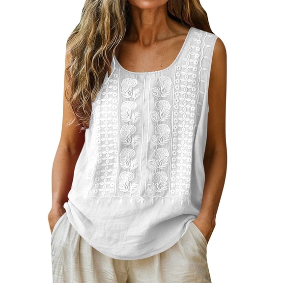 ClodeEU Women's Embroidered Linen Blend Sleeveless Crewneck Tank Top ,Loose Fit Casual Blouse White,Womens Plus XL