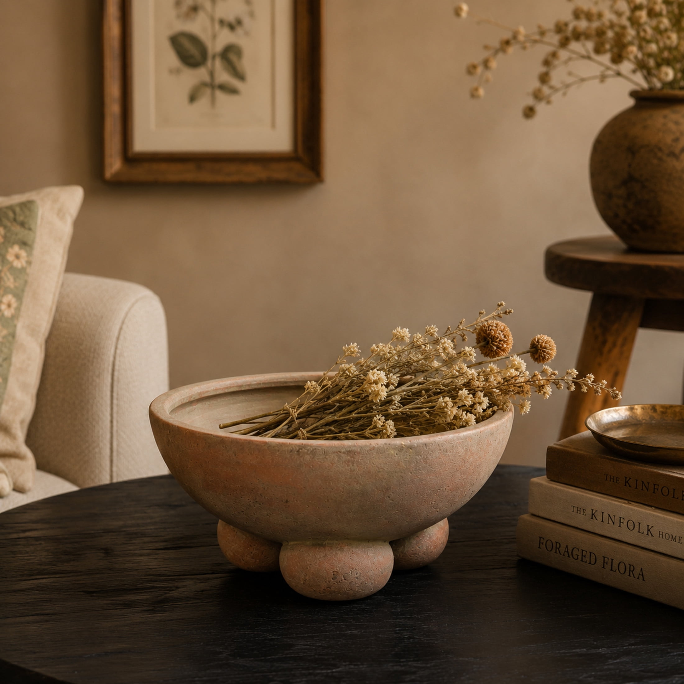 DecMode 11" Round Beige Ceramic Decorative Bowl with Three Round Legs