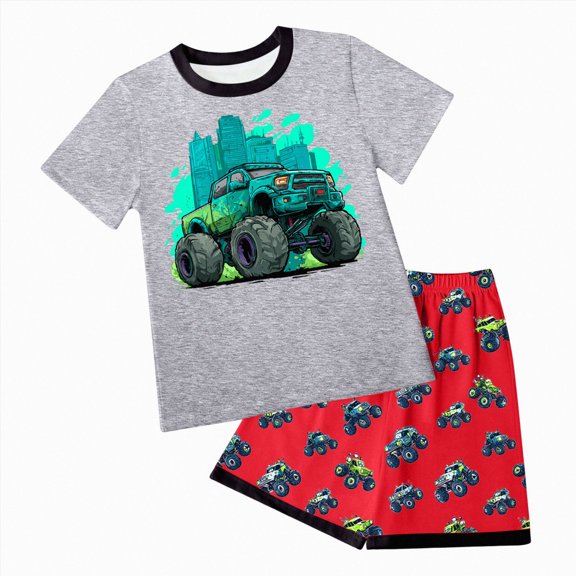 Shorts Sets for Boy Outfits Boys Short Suit AdorableTruck Print T-Shirt and Shorts Boys Playwear Summer Outfits