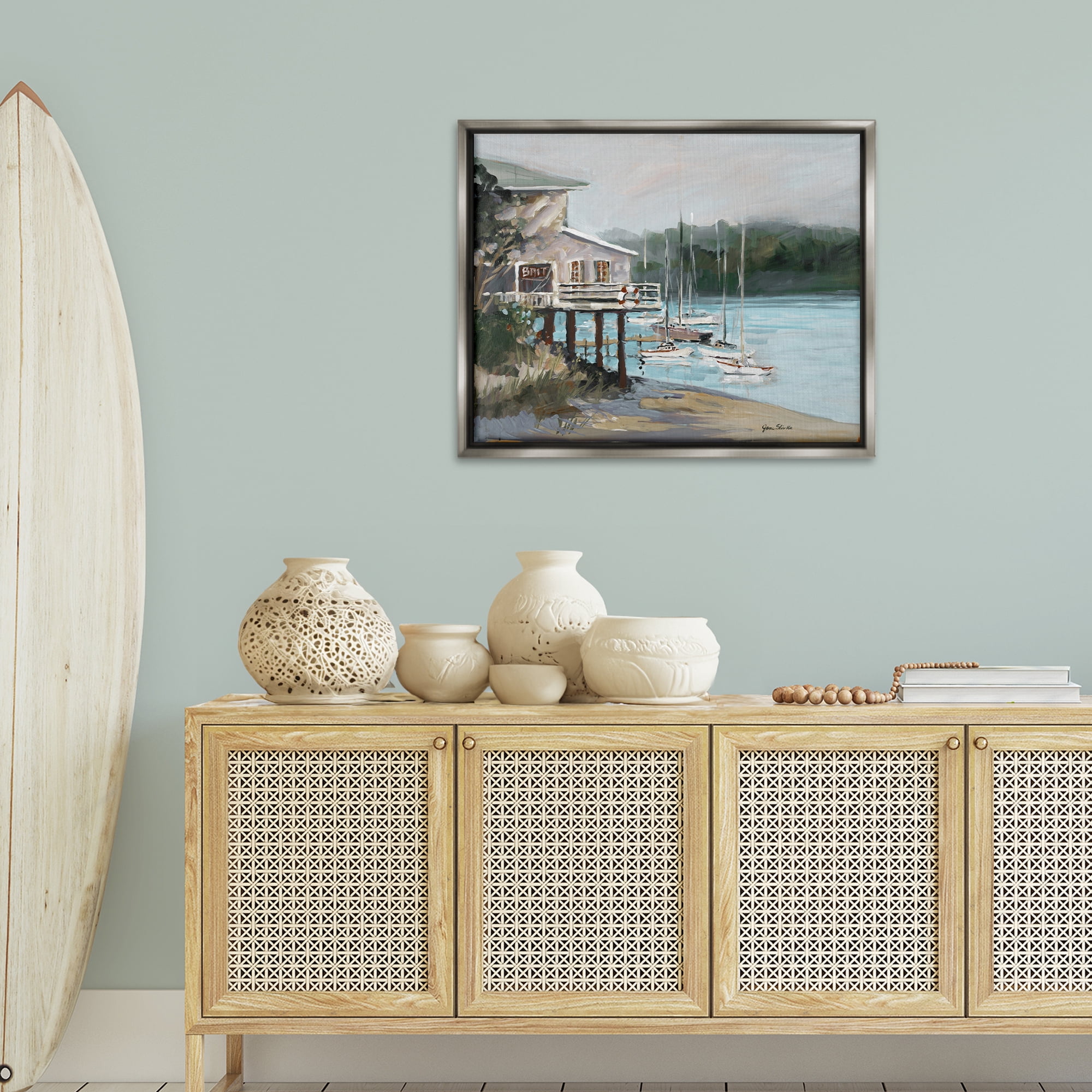 Stupell Industries Boat Marina Harbor Coastal Painting Gray Floater Framed Canvas Art Print Wall Art, 31 x 25