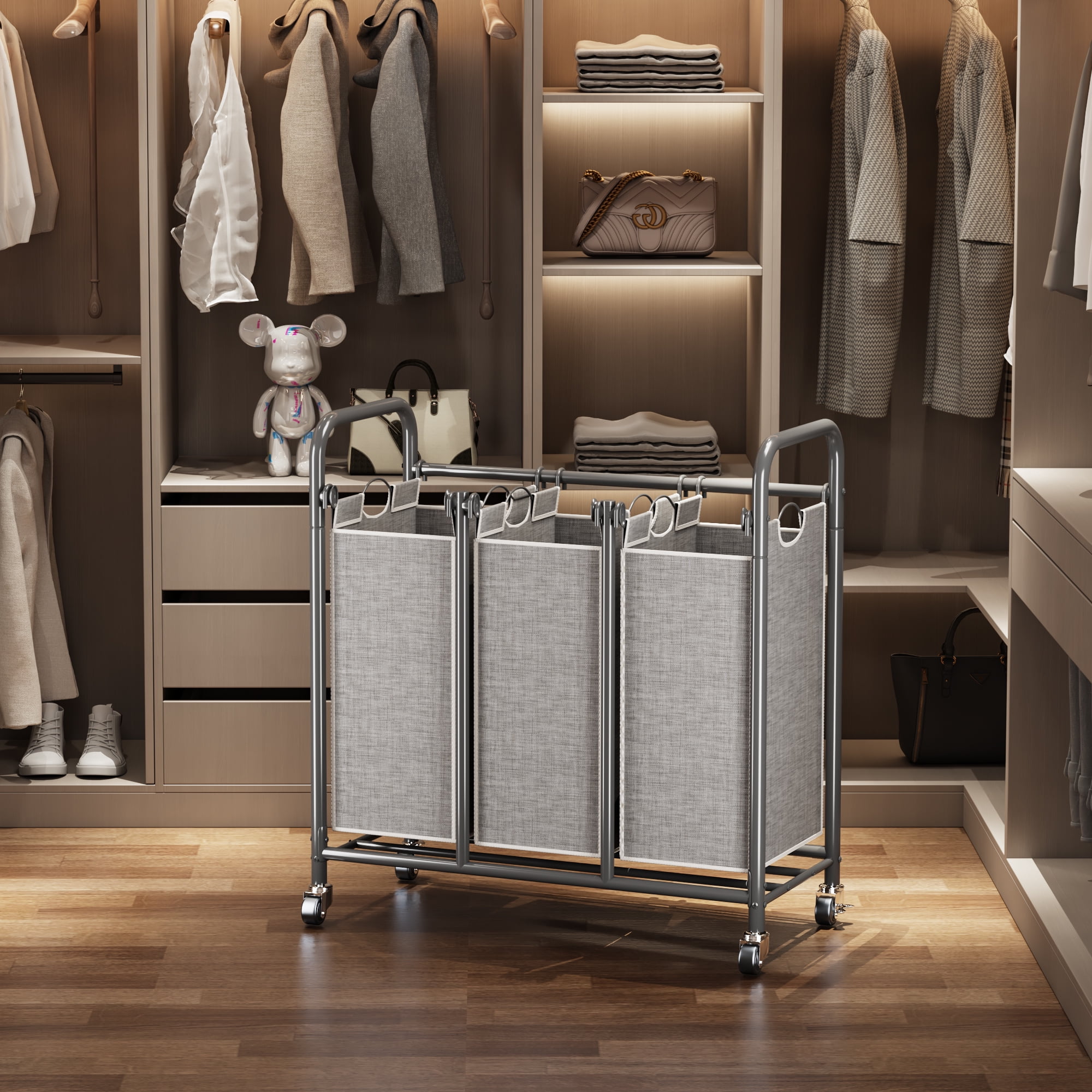 3-Bin Metal Laundry Hamper Cart with Wheels Laundry Sorter Organizer