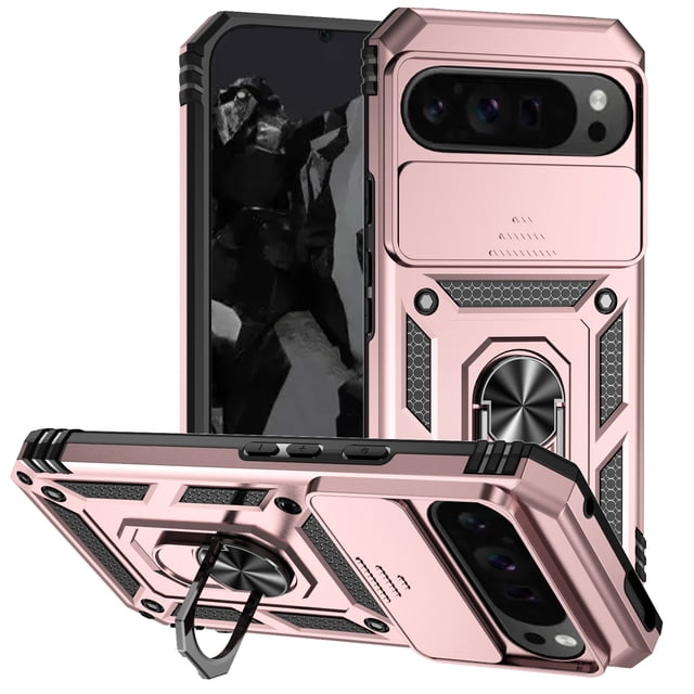 for Google Pixel 9A Case Heavy Duty Military Grade Protection,Camera Lens Slide Protection & 360°Rotate Magnetic Car Mount Holder Kickstand Rugged Shockproof Drop Hard Shell,Rosegold