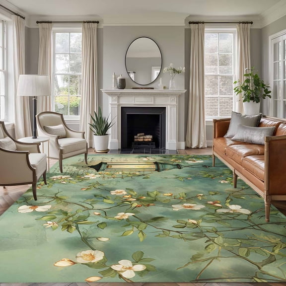Area Rug for Living Room, Spring Leaves Non-Slip Indoor Large Carpet for Bedroom/Dining Room, Oil Light White Flowers Country Vintage Green Washable Low-Profile Rectangle Floor Runner Rugs - 5 x 7 Ft