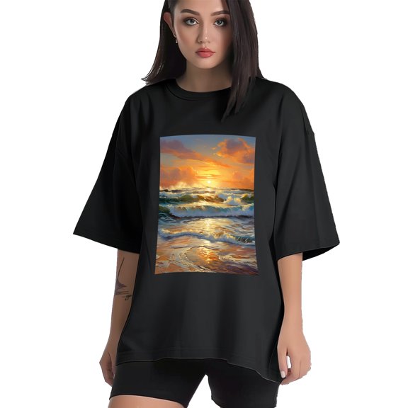 Plus Size Shirt for Women Black Tops for Women Short Sleeves Shirt for Women Sea Wave T Shirt Crewneck Shirt for Women XS