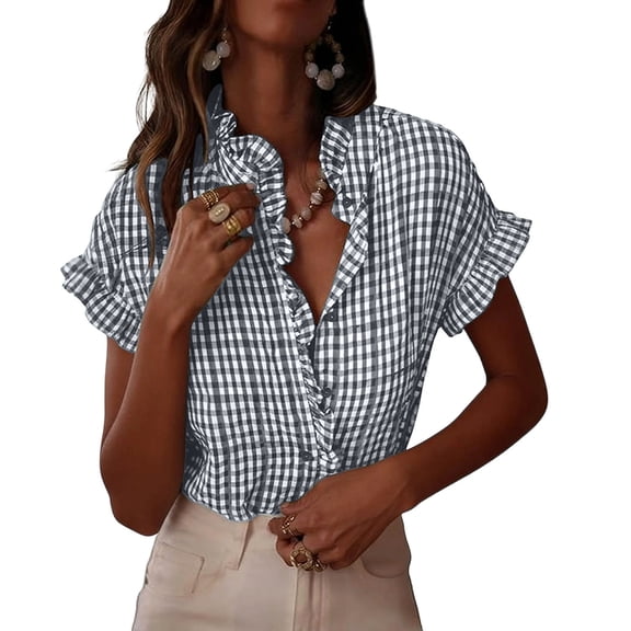 Women's Plaid Ruffle Blouses V Neck Dressy Button Down Short Sleeve T Shirts Summer Casual Checkered Printed Loose Fits Business Work Shirts Top