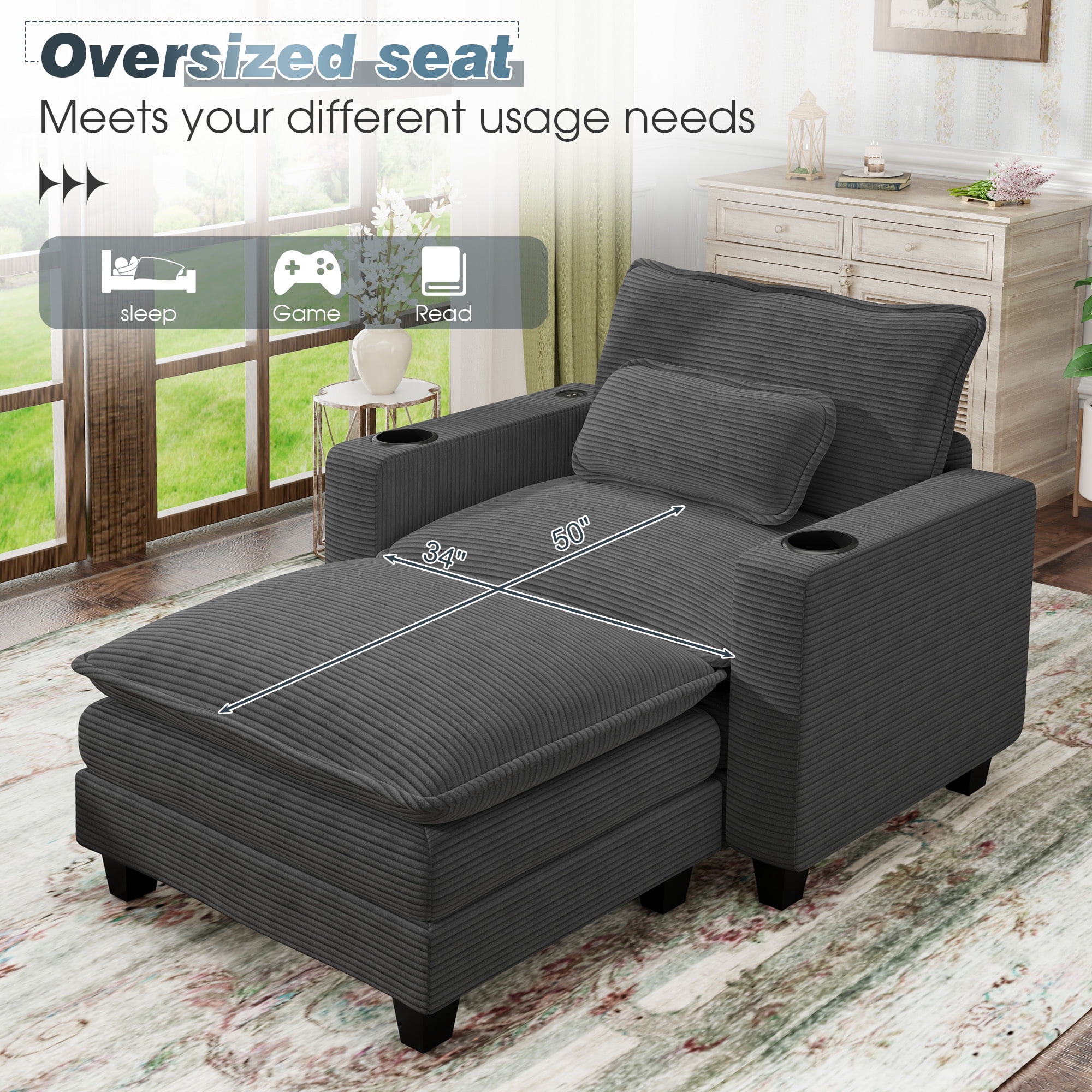 Lunale Oversized Lounge Chair & Ottoman Set - 45.5" Cloud Corduroy Accent Armchair with USB/Cup Holder for Modern Living/Bedroom, Dark Gray
