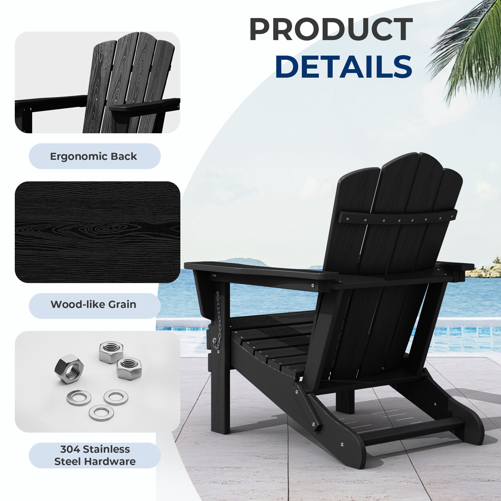 FUNDAZE HDPE Adirondack Chair, Foldable Weather-resistant Outdoor Chair for Patio, Poolside, Garden, Yard, Black