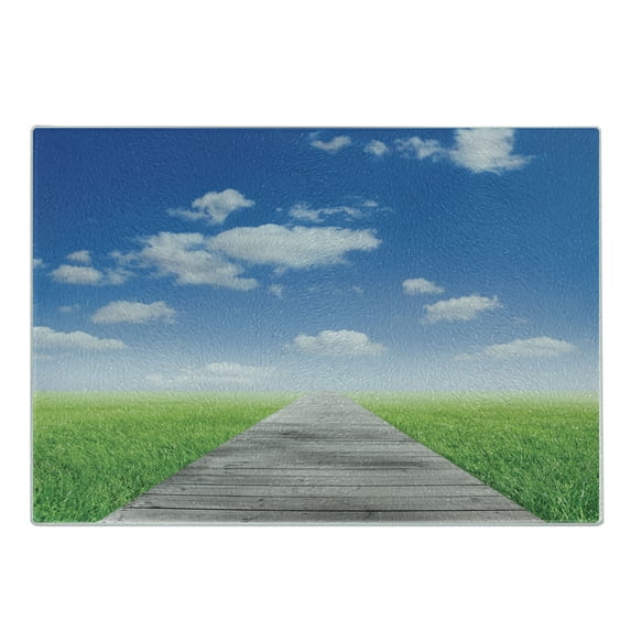 Country Cutting Board, Pathway Towards Meadow Rural Countryside Miracle Supernatural Sky with Clouds, Decorative Tempered Glass Cutting and Serving Board, Small Size, Blue Green Brown, by Ambesonne