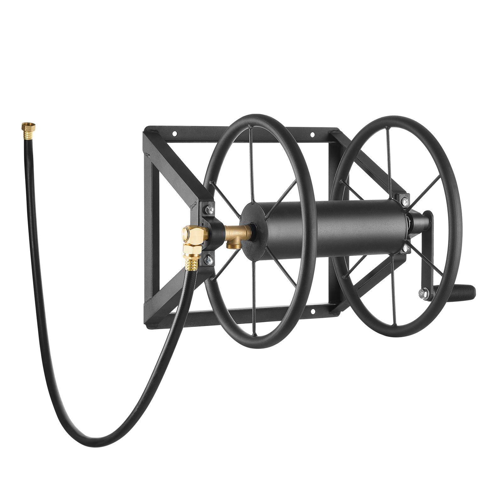 Wall Mounted Garden Hose Reel Heavy Duty Steel 200 ft 5/8 Inch Manual Water Hose Winder with Brass Fitting 5ft Leader Hose for Yard Lawn Garage Space Saving