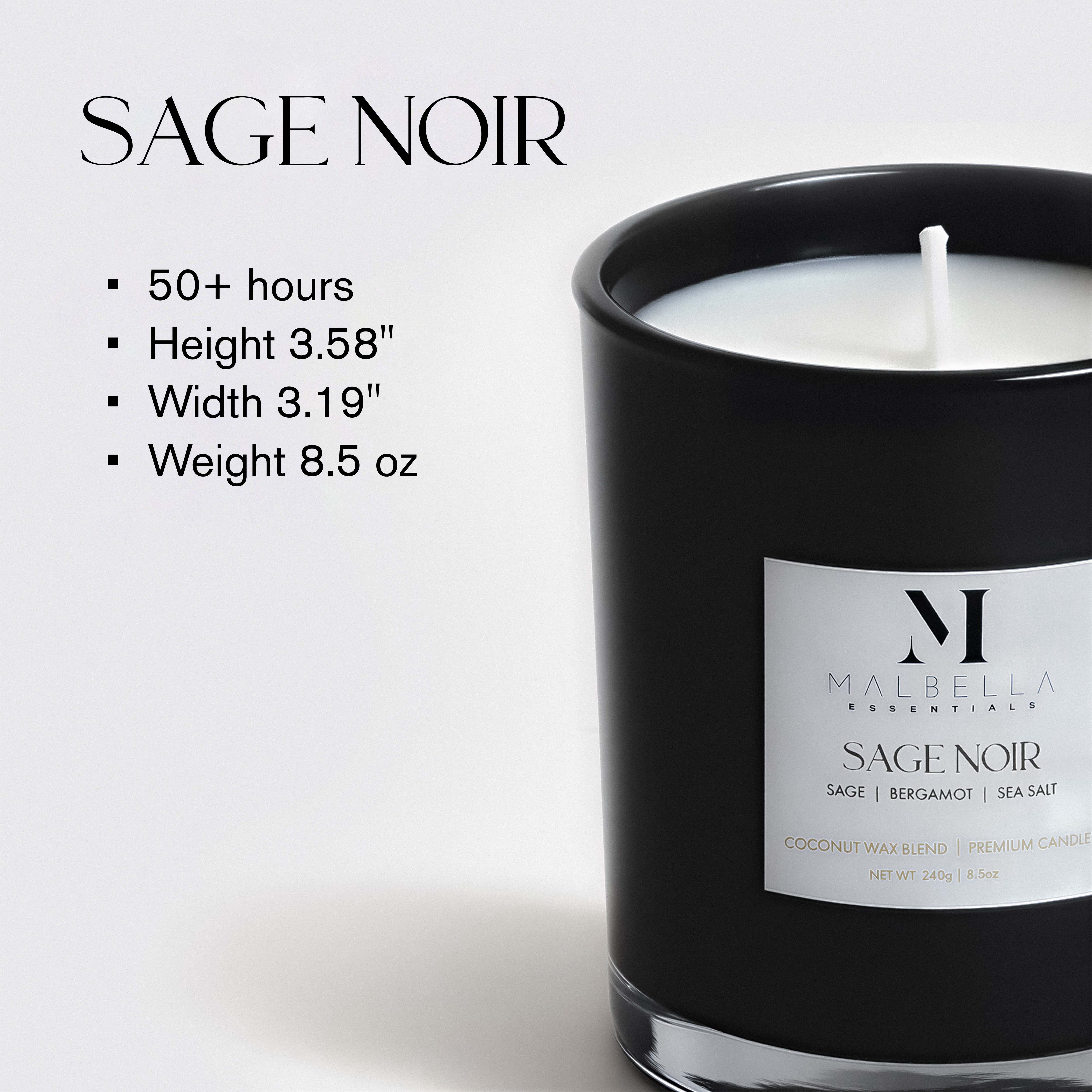Malbella Essentials Sage Noir Scented Coconut Wax Blend Candle with 50 Hr Burn Time, Modern Self-Care, Gift-Ready Glossy Glass Vessel