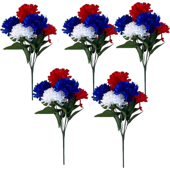 Artificial Chrysanthemum Bouquets – Patriotic Red, White & Blue Flowers for Memorial Day, Cemetery & 4th of July Decoration(RL 5 PCS)