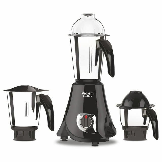 Vidiem Eva Nero Mélangeur Indien 650 W / 110 V, Moulin à Épices et à Café, Mélangeur avec Lames Multifonctions et Pots en Acier Inoxydable. Comprend Trois Pots (0,5 L, 1,4 L, 1,5 L) et un Extracteur de Jus 1,5 L. Conçu pour Être Utilisé au Canada et aux É.-U., Cet Appareil Présente une base Noire Élégante avec un Bouton de Commande et des Pots Allant au Lave-Vaisselle. Idéal pour Moudre des Épices, Faire une Pâte à idli Soyeuse et Extraire des Jus comme le Tamarin