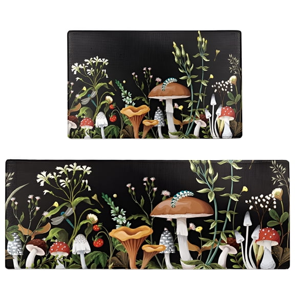LAMIRO Mushroom Kitchen Rugs and Mats Green Mushroom Kitchen Decor Anti Fatigue Kitchen Floor Mat Set of 2 Non-Skid Washable Kitchen Runner Rug for Kitchen Sink Laundry (Green, 17.5"x29.5" 17.5"x47")
