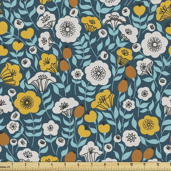 Floral Fabric by the Yard, Flowers Feminine Vintage English Blossoms, Upholstery Fabric for Dining Chairs Home Decor Accents, Sea Blue Mustard by Ambesonne