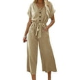 thumbnail image 1 of VISgogo Mono recortado para mujer, manga corta, cuello en V, cierre de botón, lazo en la cintura, pantalones sólidos con bolsillos VISgogo moda, 1 of 5