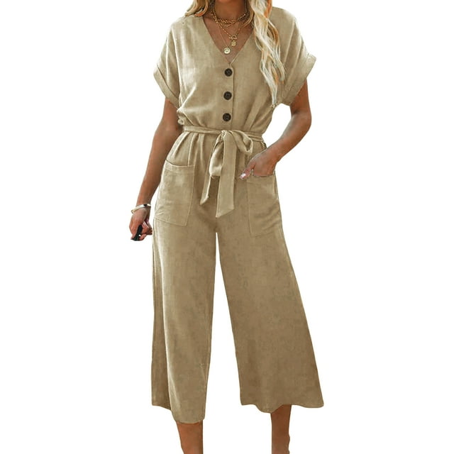 VISgogo Mono recortado para mujer, manga corta, cuello en V, cierre de botón, lazo en la cintura, pantalones sólidos con bolsillos VISgogo moda