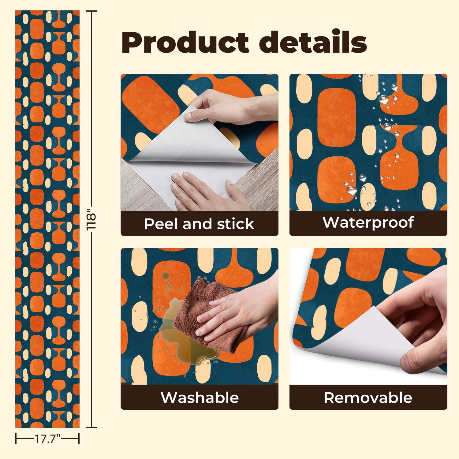 Peel and Stick Wallpaper 17.7in x 9.8ft Mid century modern age blue orange cream Ideal Contact Paper Vinyl Waterproof Self Adhesive Wall Paper for Bedroom Shelf Cabinet Renter Friendly