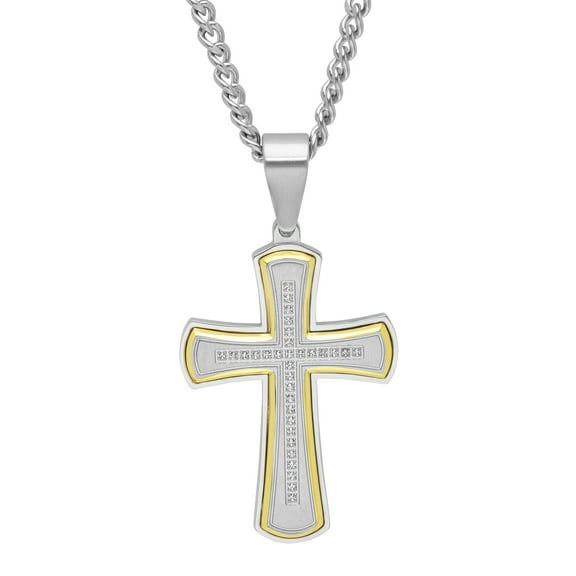 Mens Stainless Steel 1/6 ctw Diamond Cross Pendant Necklace