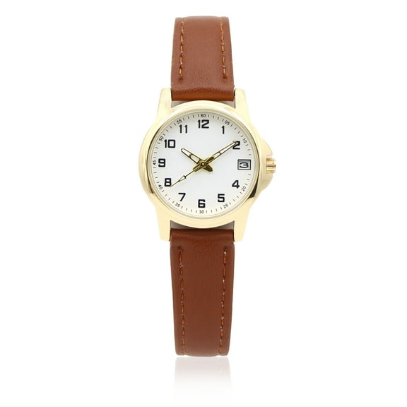 Time & Tru Ladies' Gold Tone Watch with PU Brown Strap and Date Function, 26.5 MM