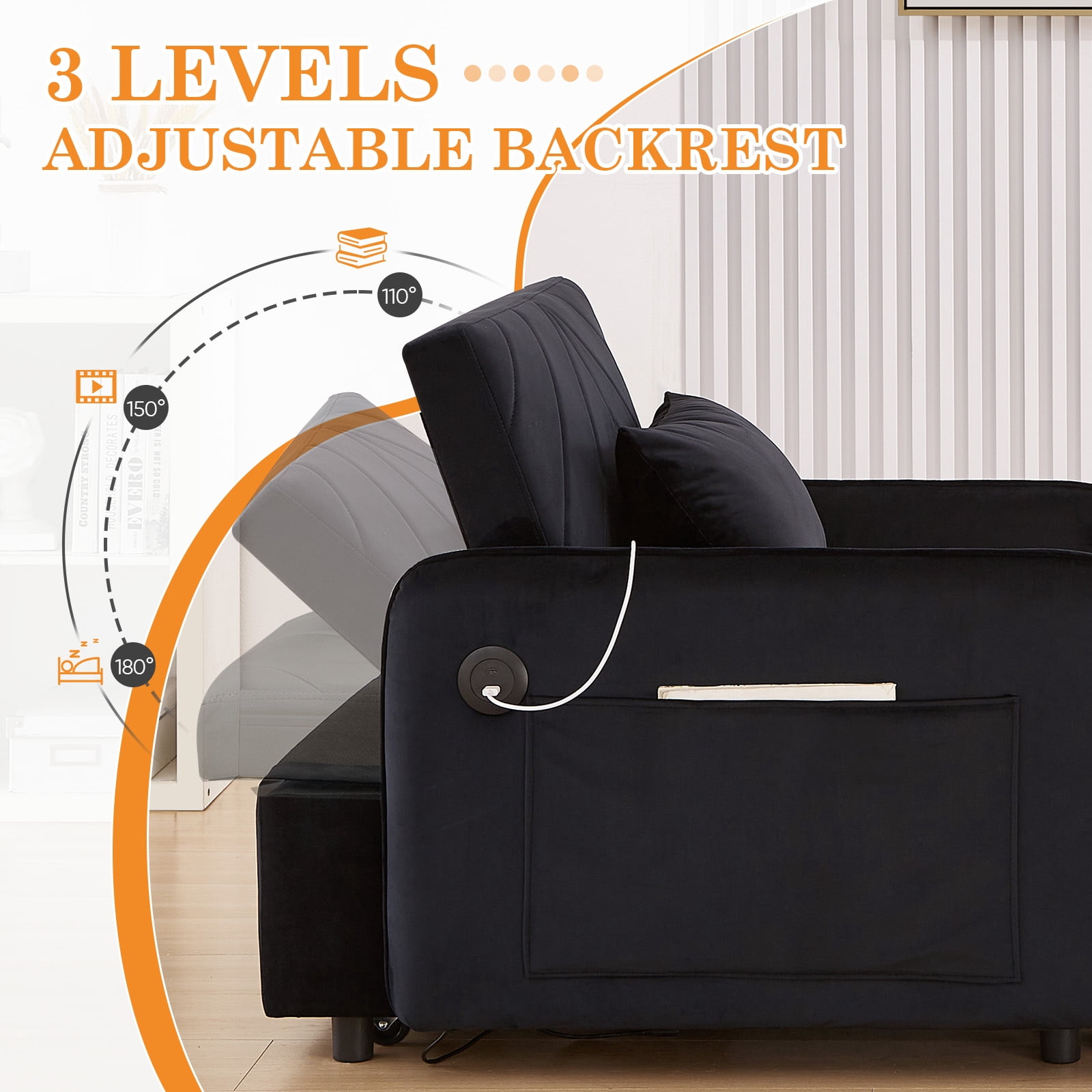 Lunale Convertible Sleeper Chair Bed, Indoor Lounge Chair with USB, Velvet Single Sofa Bed, Black