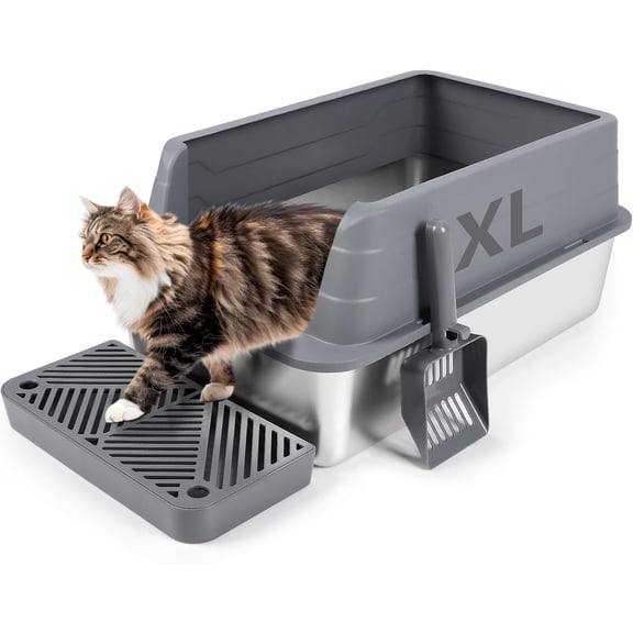 Kalolary Stainless Steel Litter Box, XL 22.9”x15”x 10.3” High Sided Metal Cat Litter Tray with Scoop, Filter Pedal for Anti-Splash, Odor-Free, Non-Sticky, Easy to Clean (Dark Grey)