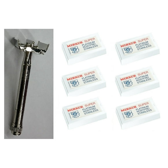 Double Edge Safety Razor + Merkur Double Edge Safety Razor Blades 10 ct. (Pack of 6)