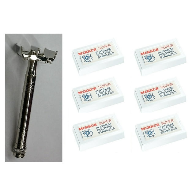 Double Edge Safety Razor + Merkur Double Edge Safety Razor Blades 10 ct. (Pack of 6)