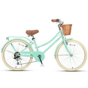 Glerc Missy 24 inch Girl Cruiser Kids Bike Shimano 6-Speed Teen Hybrid City Bicycle with Rack for Youth Ages 7 8 9 10 11 12 13 14 Years Old Wicker Basket & Lightweight, Mint Green