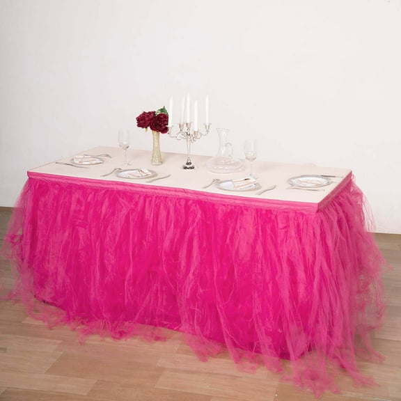 Efavormart 14ft Fuchsia FULL SIZE 4 Layer Fluffy Tulle - Tutu Table Skirt for Party Events fits 6ft rectangle/48in round table