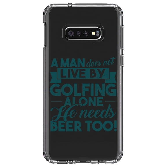 DistinctInk Clear Shockproof Hybrid Case for Samsung Galaxy S10e (5.8" Screen) - TPU Bumper Acrylic Back Tempered Glass Screen Protector - Live By Golfing Alone Need Beer Too