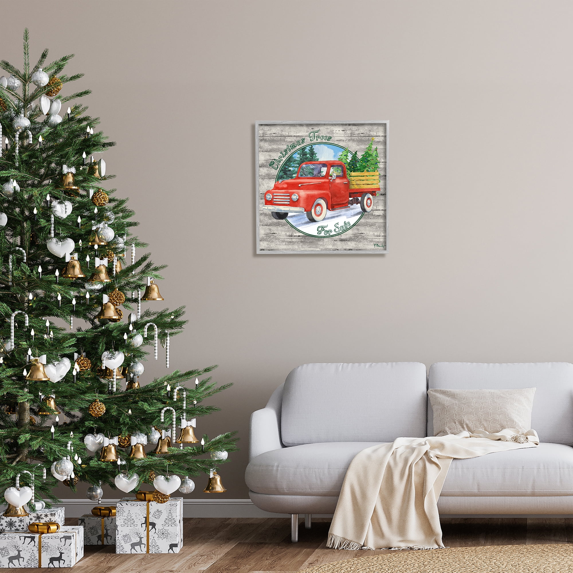 Stupell Industries Christmas Tree Truck Holiday Painting Gray Framed Art Print Wall Art, 24 x 24