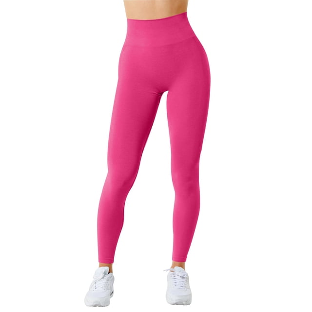 Gibobby Yoga leggings Pantalones de yoga para mujer, sin costuras, ajustados a la cadera, de talle , elásticos, de secado rápido, transpirables(Rosa caliente,CH)