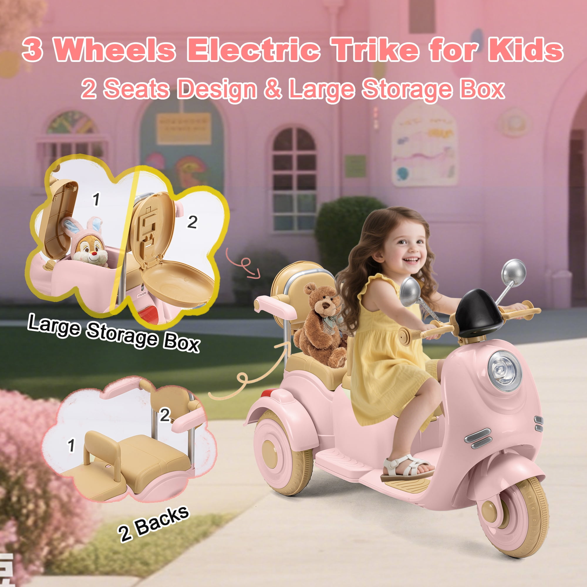 Dimedeal 12V Electric Motorcycle, Ride On Scooter for Kids, 2 Seater with Storage & Dual Motors, 3-Wheel Electric Ride On Toy for Girls Ages 3-8, Safe & Cute Design (Pink)