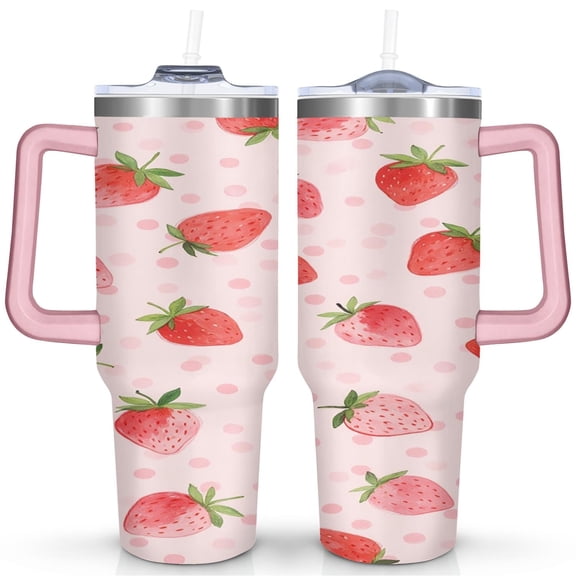 Strawberry Fruit 40 Oz Tumbler with Handle Lid and Straw, Stainless Steel Double Walled Vacuum Insulated Cup, Cute Anniversary Wedding Birthday Gifts Tumbler for Women Men Friends Outdoor Indoor