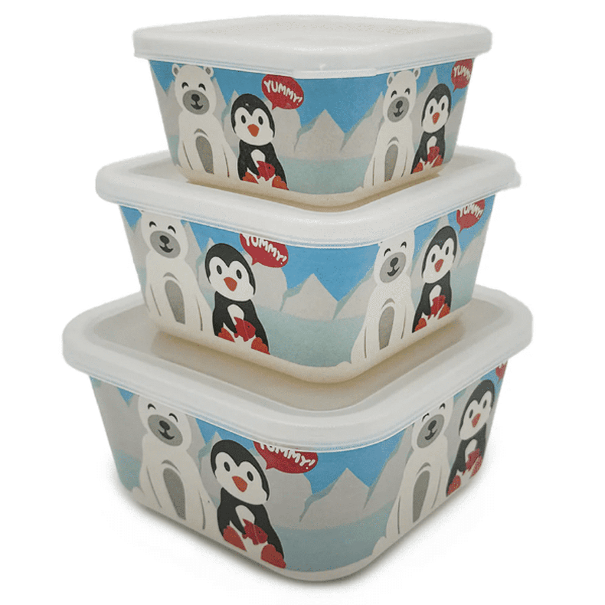 Primo Passi - 3Pk Bamboo Winter Friends Fiber Kids Food Containers, Penguin/Polar