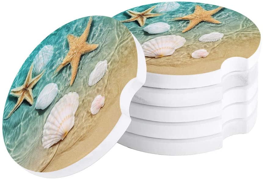 Absorbent Car Coasters for Cup Holders Fresh Beach Sand Starfish Shell Natural Coastal Set of 2 Pack Small 2.56inch Ceramic Stone Drink Coaster for Women Men Absorbent Car Coasters for Cup Holders Fresh Beach Sand Starfish Shell Natural Coastal Set of 2 Pack Small 2.56inch Ceramic Stone Drink Coaster for Women Men