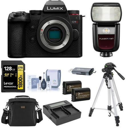 Panasonic LUMIX G9II Mirrorless Camera, Bundle with Zoom Li-on III R2 Flash, Tripod with Head, 128GB Memory Card, 2x Battery and Charger Kit