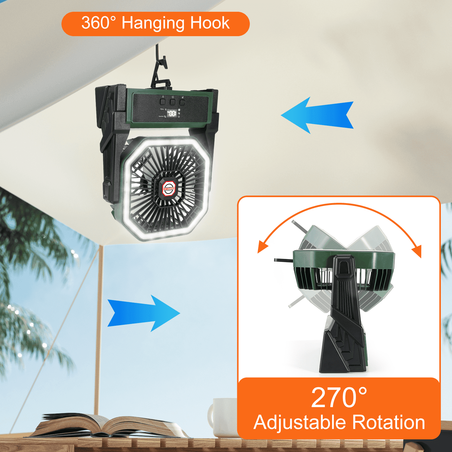 Henotian Camping Fan,Portable Fan for Travel, 20000mAh Rechargeable Desk fan, Battery Operated Fan with Hanging Hook for Tent,Office,Travel,Fishing,Picnic