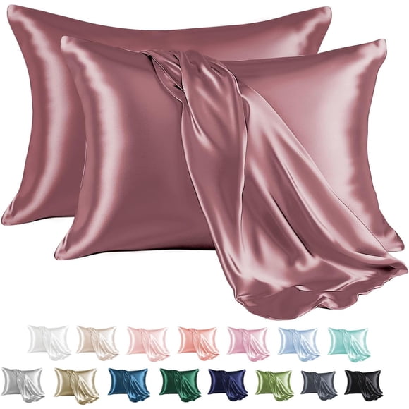 SHILIU-Satin Taie d'Oreiller pour Cheveux et Peau, Taie d'Oreiller en Satin de Soie Lot de 2, Taille Queen, Housse d'Oreiller Soyeuse avec Fermeture Enveloppe (20x30, Taupe Rose)