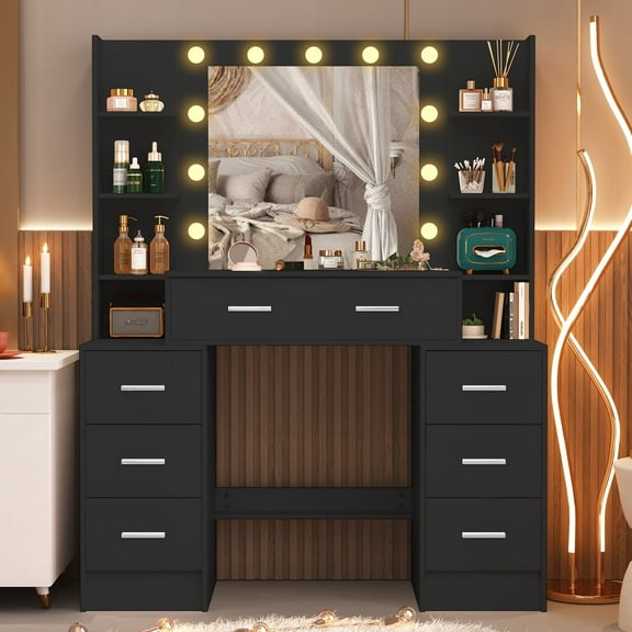 Yamissi Makeup Vanity Desk with Lighted Mirror, Modern Black Vanity Dressing Table with Storage Drawers and Shelves
