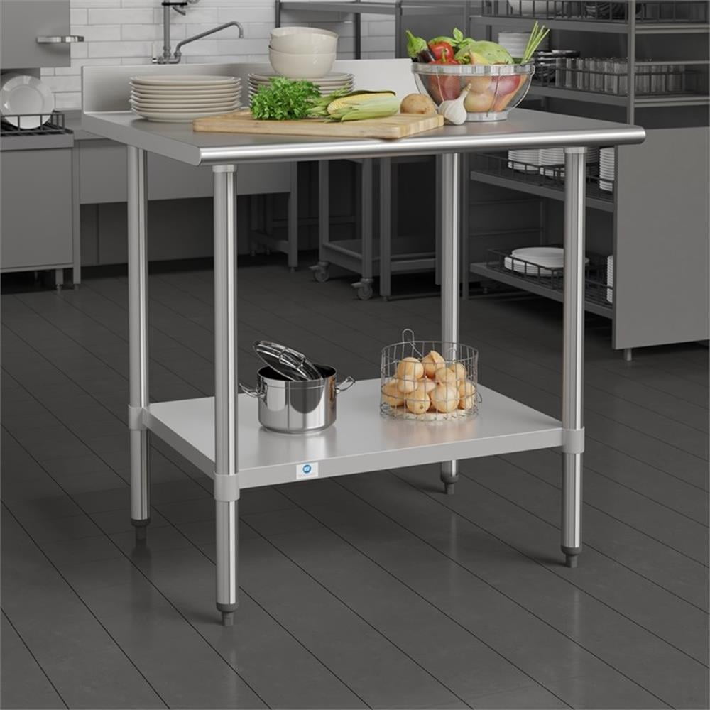Pemberly Row Stainless Steel Kitchen Prep & Work Table with Shelf & Backsplash