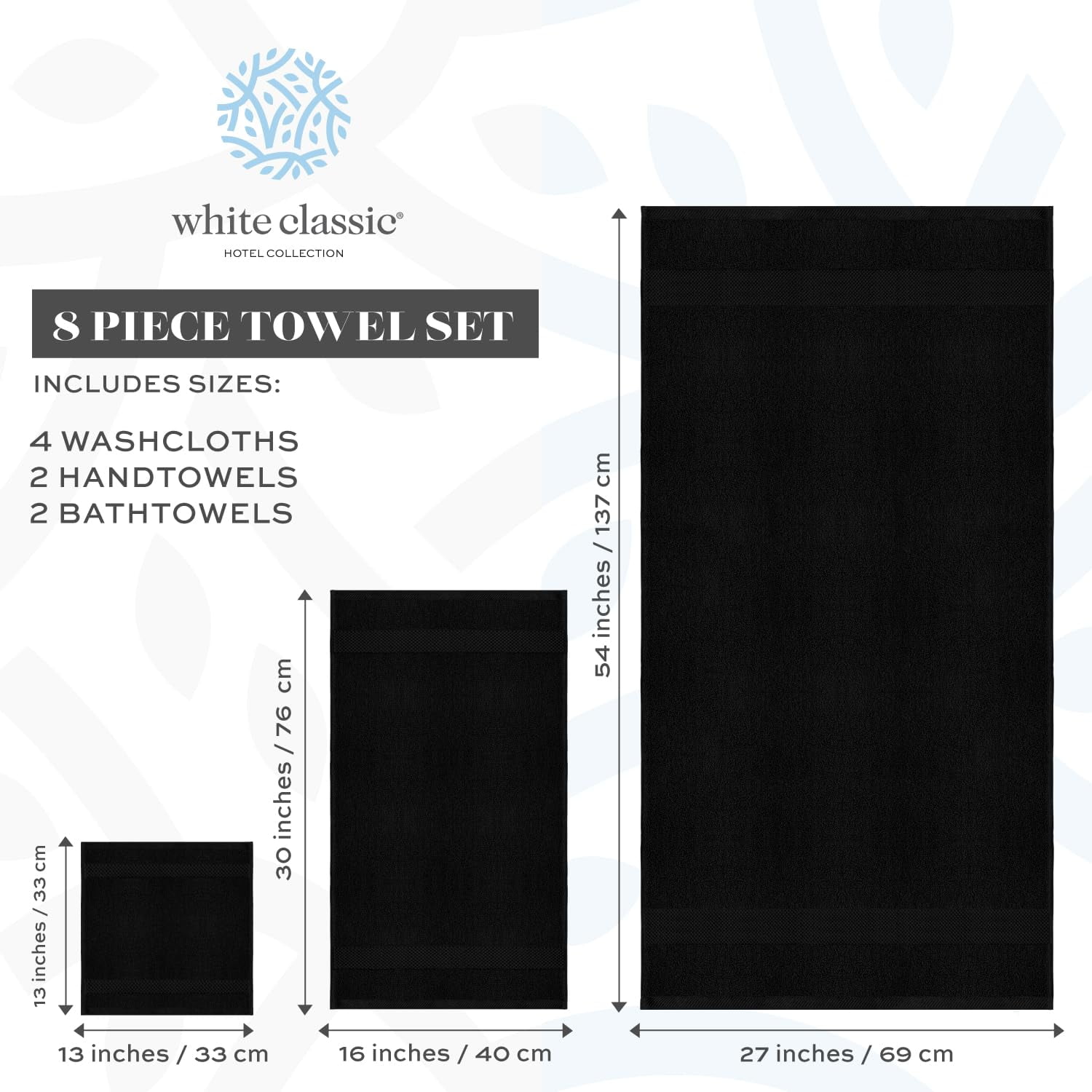 White Classic Hotel Collection Luxury 8-Piece 100% Turkish Cotton Towel Set, Black