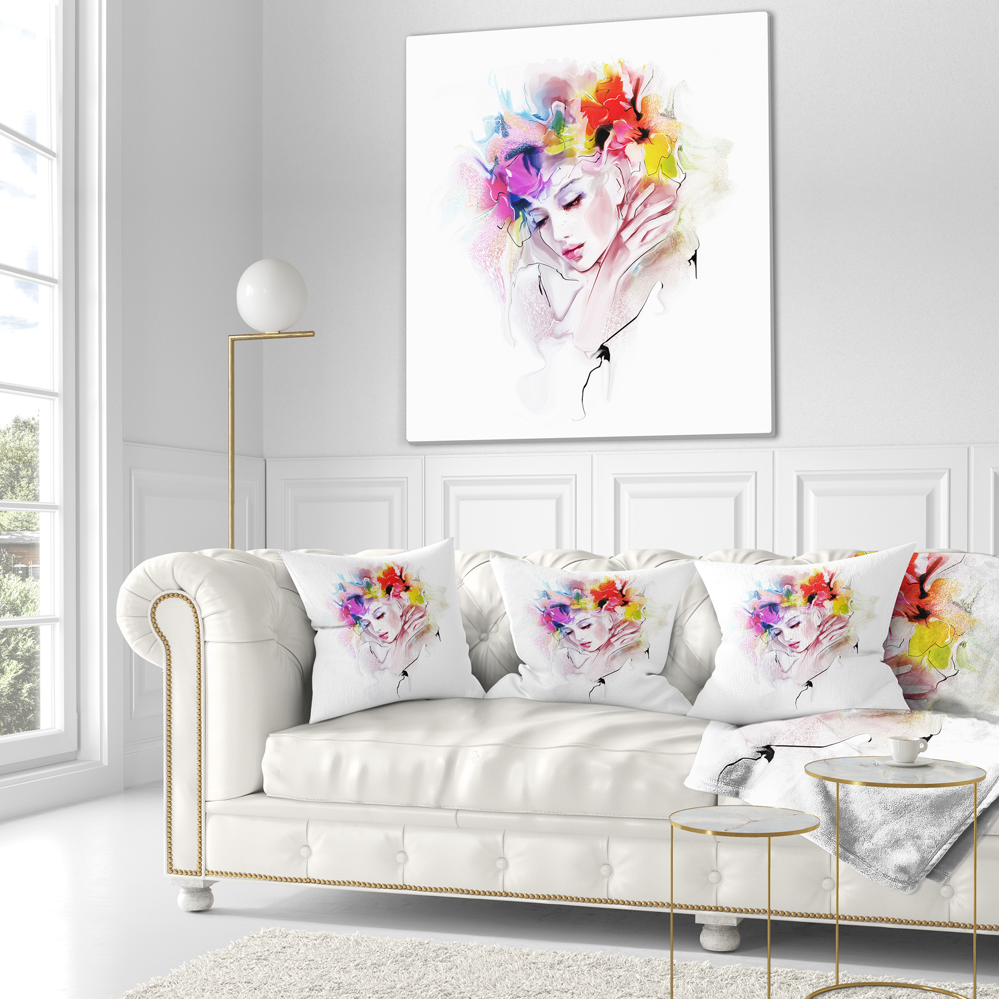Designart Girl with Flowers Wreath - Abstract Portrait Throw Pillow - 16x16