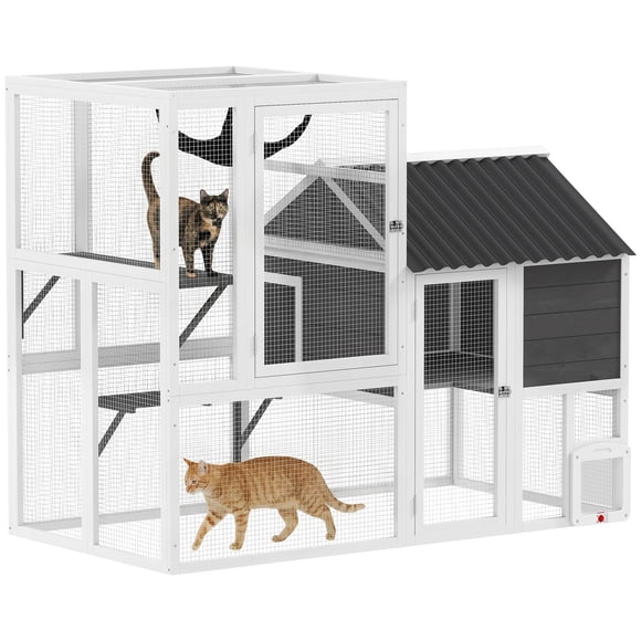 PawHut Catio Outdoor Cat Enclosure, 63" L Large Cat House with 4-Way Door