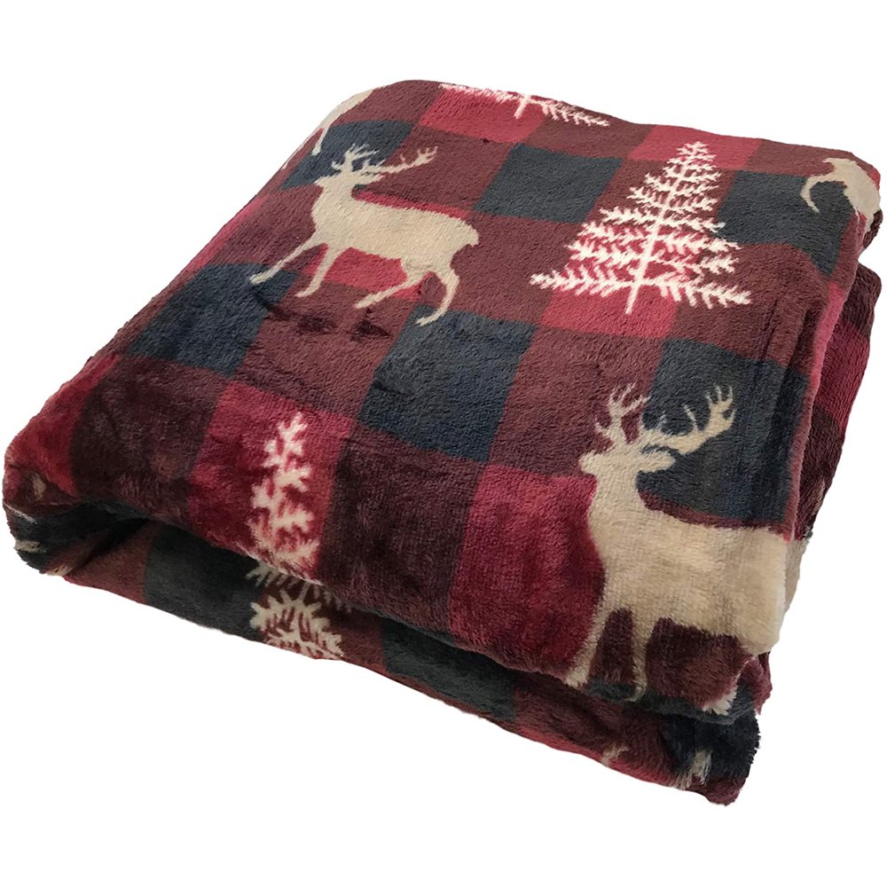 Christmas Plaid Deer Throw Blanket Winter Lodge Burgundy Red Brown