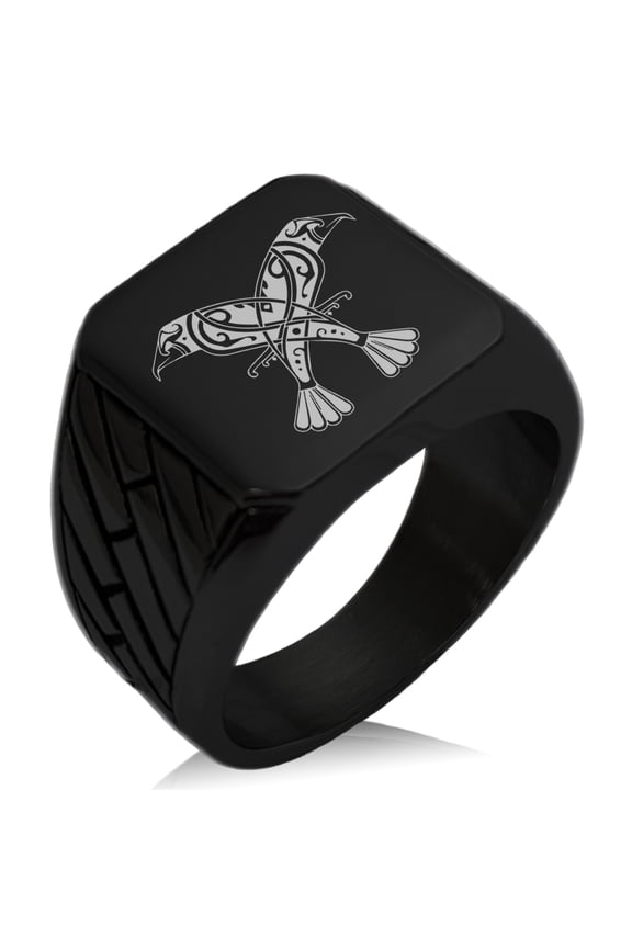 Stainless Steel Huginn & Muninn Odin's Twin Ravens Geometric Pattern Biker Style Polished Ring